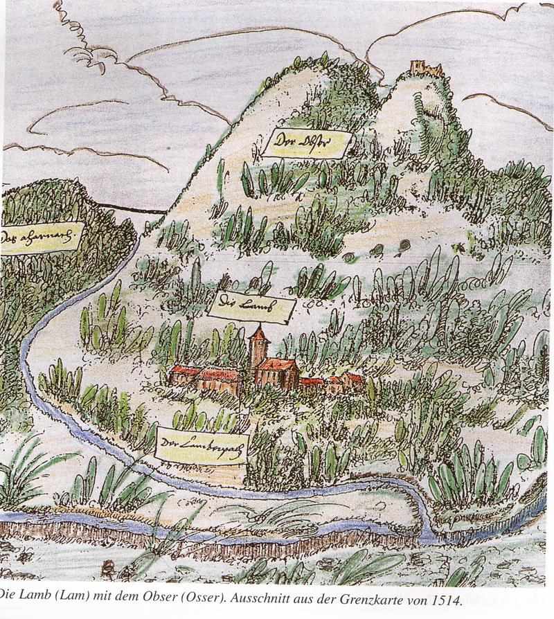 Nachgezeichnete Grenzkarte von 1514 mit einer Burg auf dem Gr. Osser